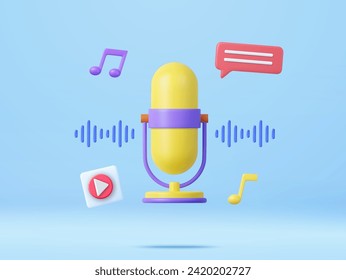 3d Podcast microphone on stand, audio equipment icon. music radio show, audio blog, podcast concept. 3d rendering. Vector illustration