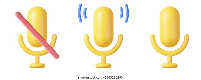 3d Podcast microphone on stand, audio equipment icon. Professional equipment for audio broadcasts and interviews. Turn on, turn off. 3d rendering. Vector illustration