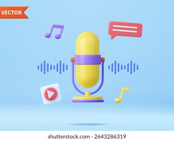 Microfone Podcast 3d no suporte, ícone de equipamento de áudio. programa de rádio de música, blog de áudio, conceito de podcast. renderização 3d. Ilustração vetorial