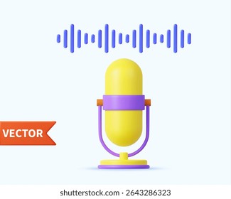 3d Podcast microphone on stand and audio wave, audio equipment icon. Professional equipment for audio broadcasts and interviews. 3d rendering. Vector illustration