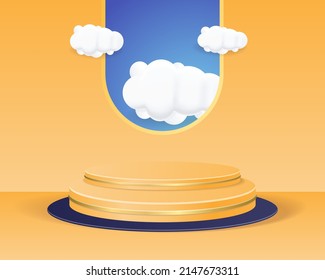 3d podium, abstract background with blue sky inside the window on the yellow wall