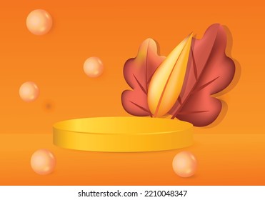 3 quinquies podio. Resumen de escena mínima con formas geométricas otoñales. podio de cilindro en fondo naranja con hojas de la planta de otoño. presentación del producto, maquillaje, show product, podium, stage