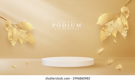 3d podium along with elegance golden leaves. Luxury scene. Empty space to place products or text for advertising. vector illustration background.