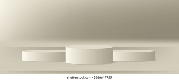 Fondo de podio 3D. Pedestal cilíndrico beige realista con 3 sillas redondas en el fondo. Plataforma para la presentación de productos cosméticos. Etapa de actuación.