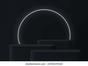 3D podium background. Black round corner product display set with glowing neon ring on wall scene. Abstract composition in minimal design. Platforms product presentation. Black friday stage showcase.