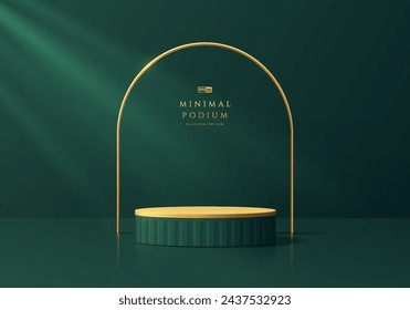 3D podium background dark green and golden cylinder pedestal with golden arch frame wall scene. Platforms mockup or product display presentation. Abstract composition in minimal design. Stage showcase