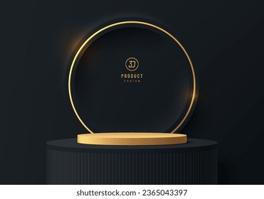 3D podium background. golden cylinder pedestal with golden ring on black wall scene. Black friday. Platforms mockup product display presentation. Abstract composition in minimal design. Stage showcase