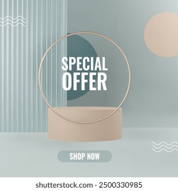 3D podium background in grounding hues. Realistic product display with reeded translucent glass. Elegant platforms with gold ring. Mockup vector background for promotion and sale