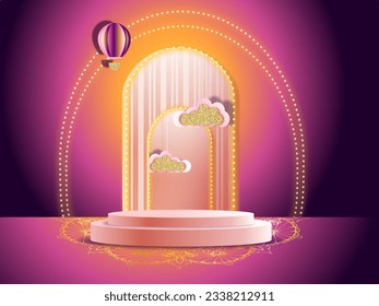 3d Podium background product cylinder for marketing, inspiration minimal pastel stage showcase on vibranr purple pink color with gold shimmer elements ,lighting shine design, clouds and air balloons 