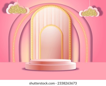 3d Podium background product cylinder for marketing, inspiration minimal pastel stage showcase on vibrant  pink color with gold shimmer elements ,lighting shine design, clouds 