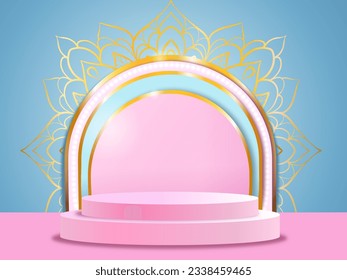 3d Podium background product cylinder for marketing, inspiration minimal pastel stage showcase on vibrant  blue color with gold shimmer elements ,lighting shine