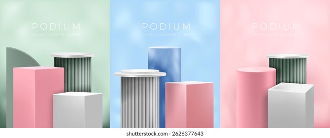 3D podium. Background for product stand. Abstract square stage. Platform display. Minimal light render in mockup. Contemporary showcase for presentation. Vector wall, empty simple cylinder pedestal