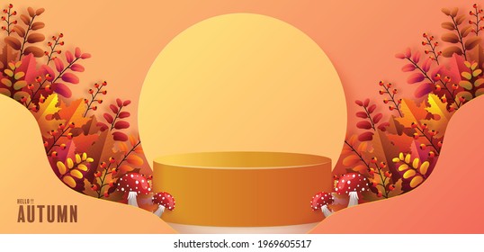 3d podium background products with geometric forms
autumn holiday seasonal background with colorful autumn leaves, mushrooms, owls, golden pods, squirrels, and elements paper cut craft style.
