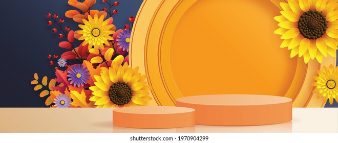 3d podium background products with geometric forms
autumn holiday seasonal background with colorful autumn leaves, mushrooms, owls, golden pods, squirrels, and elements paper cut craft style.