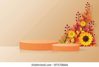 3d podium background products with geometric forms
autumn holiday seasonal background with colorful autumn leaves, mushrooms, owls, golden pods, squirrels, and elements paper cut craft style.
