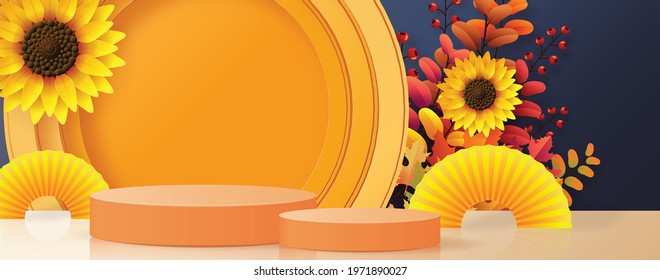 3d podium background products with geometric forms
autumn holiday seasonal background with colorful autumn leaves, mushrooms, owls, golden pods, squirrels, and elements paper cut craft style.