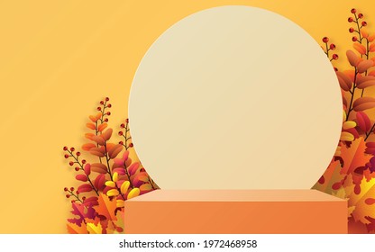 3d podium background products with geometric forms
autumn holiday seasonal background with colorful autumn leaves, mushrooms, owls, golden pods, squirrels, and elements paper cut craft style.