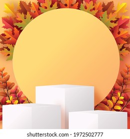 3d podium background products with geometric forms
autumn holiday seasonal background with colorful autumn leaves, mushrooms, owls, golden pods, squirrels, and elements paper cut craft style.