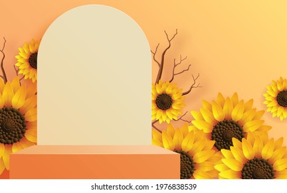 3d podium background products with geometric forms
autumn holiday seasonal background with colorful autumn leaves,  Sunflower and elements paper cut craft style.