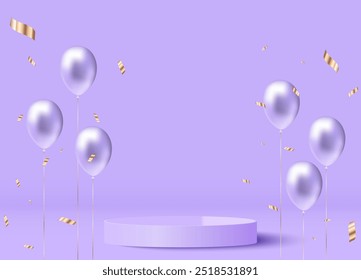 3d podium background with purple balls and golden coffetti. 3d vector illustration