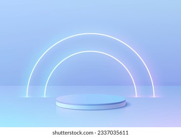 3D podium background with realistic blue hologram cylinder pedestal and semi circle glowing neon on wall scene. Abstract composition in minimal design. Platforms product presentation. Stage showcase.