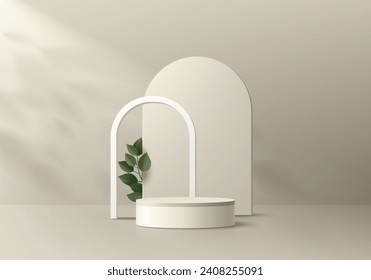 3D podium background. Realistic cream cylinder pedestal with arch backdrop scene and green leaf. Abstract composition in minimal design. Platforms cosmetic product display presentation. Stage showcase