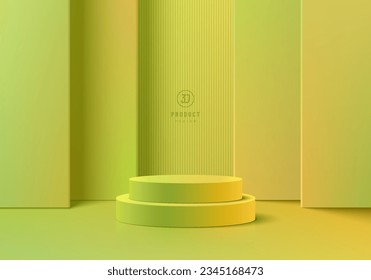 3D podium background, Realistic green yellow cylinder pedestal and layers vertical backdrop wall scene. Abstract composition in minimal design. Platforms mockup product presentation. Stage showcase.