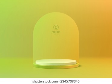 3D-Podiumhintergrund, Realistisch-grüner und gelber Zylinder-Fußboden und Bogenhintergrund-Wandbild. Abstrakte Komposition in minimalem Design. Platformen zeichnen die Produktpräsentation auf. Stufenvorführung.