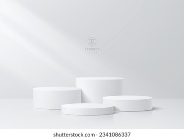 3D podium background. Realistic level white cylinder pedestal set with light and shadow wall scene. Abstract composition in minimal design. Platforms for product display presentation. Stage showcase.