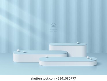 3D podium background. Realistic level blue and white round corner pedestal set on wall scene. Abstract composition in minimal design. Platforms cosmetic product display presentation. Stage showcase.