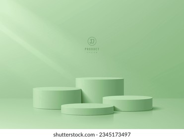 3D podium background. Realistic level green cylinder pedestal set with light and shadow scene. Abstract composition in minimal design. Platforms mockup product display presentation. Stage showcase.