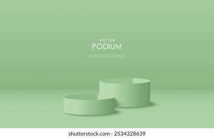 3D podium background. Realistic level green cylinder pedestal set with light and shadow scene. Abstract composition in minimal design. Platforms mockup product display presentation. Stage showcase.