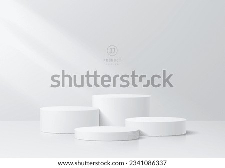 3D podium background. Realistic level white cylinder pedestal set with light and shadow wall scene. Abstract composition in minimal design. Platforms for product display presentation. Stage showcase.