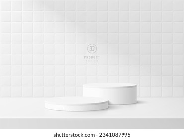 3D podium background. Realistic white cylinder pedestal set with white square tile wall scene. Abstract composition in minimal design. Platforms cosmetic product display presentation. Stage showcase.