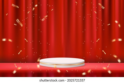 3d podium background with red curtain and confetti