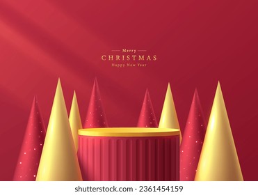 3D podium background. Red golden cylinder pedestal podium with red, gold christmas tree wall scene. Platforms mockup product display presentation. Abstract composition minimal design. Stage showcase.