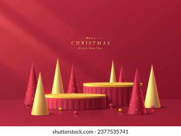 3D podium background. Red golden cylinder pedestal with red and golden christmas tree wall scene. Platforms mockup product display presentation. Abstract composition minimal design. Stage showcase.