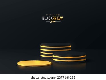 3D podium background with set of luxury black and gold cylinder pedestal scene. black friday sale. Platforms mockup product display presentation. Abstract composition minimal design. Stage showcase.