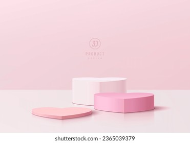 Fondo de podio 3D con un conjunto de pedestal de corazón blanco y rosa realistas en escena pastel. Presentación de la presentación del producto de la prueba de San Valentín. Composición abstracta mínima diseño. Muestra de escenario.