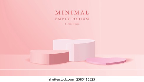 3D podium background with set of realistic white and pink heart pedestal on pastel scene. Valentine platforms mockup product display presentation. Abstract composition minimal design. Stage showcase.