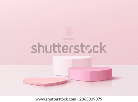 3D podium background with set of realistic white and pink heart pedestal on pastel scene. Valentine platforms mockup product display presentation. Abstract composition minimal design. Stage showcase.