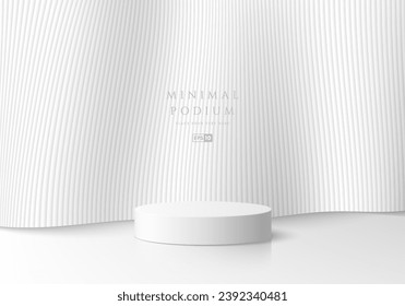 3D podium background with white cylinder pedestal on vertical pattern wave shape gray wall scene. Platforms mockup product display presentation. Abstract composition in minimal design. Stage showcase.