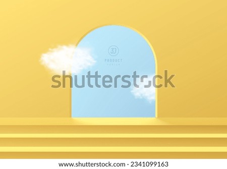 3D podium background. Yellow steps pedestal stair with cloud and blue sky scene in arch gate. Abstract composition in minimal design. Platforms cosmetic product display presentation. Stage showcase.