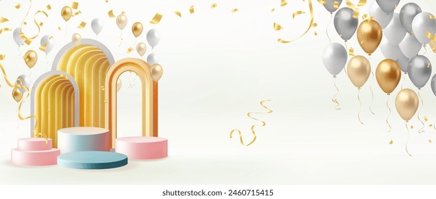 3D-Podium mit Ballons und Konfetti. Vektorillustration für Ihr Design