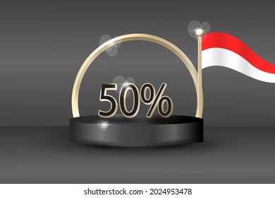 Banner de 3d podium con anillo de oro y bandera indonesia para oferta especial 50%. se puede usar para la venta caliente del día de la independencia indonesia.