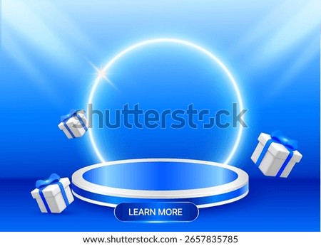 3d podium banner template with gift boxes flying around, isolated on background with spotlight effect on stage. Discount banner template in 3d vector