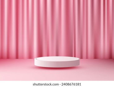 3D podium, bathed in soft pink hues curtain. Ideal for showcasing Valentine's Day products, cosmetics, jewelry, and more. Vector illustration