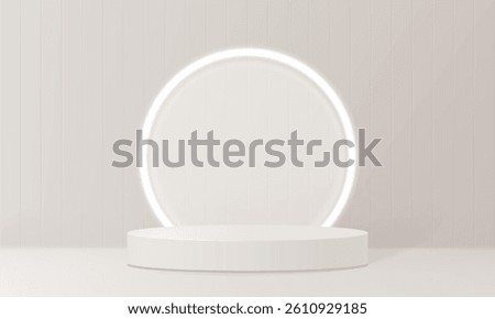 3d podium beige in abstract room or studio with big light circle. Realistic 3d stage and tile wall on bg for show product. Minimal studio showcase podium mockup with cyclorama, vector illustration.