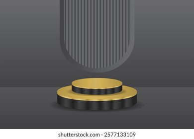 3D podium. black combination with gold. Studio showroom product pedestal, mockup scene. Vector display design