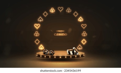 3d podium in black and gold with a frame of card suits. A platform with dice and poker chips. Casino background.